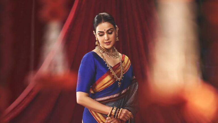 Genelia Deshmukh’s cobalt blue sari is crafted with a GI-tagged technique.